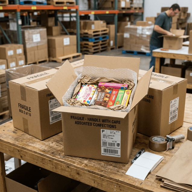 Assorted candy boxes and jelly beans covered in melted caramel inside a damaged cardboard box