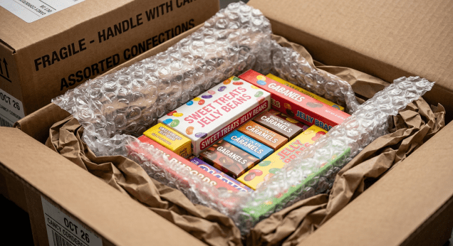 Assorted candy boxes and jelly beans covered in melted caramel inside a damaged cardboard box