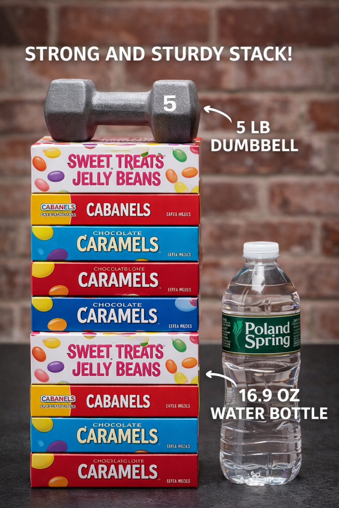 Assorted candy boxes and jelly beans covered in melted caramel inside a damaged cardboard box