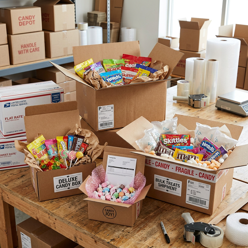 Open cardboard boxes filled with assorted candy and shipping materials on a wooden table