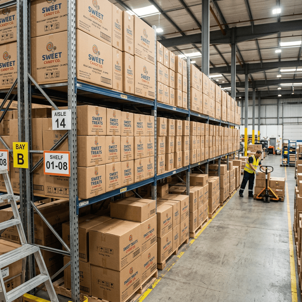 Warehouse aisle filled with stacked boxes labeled Sweet Treats by Sweet Candy Co., worker using pallet jack