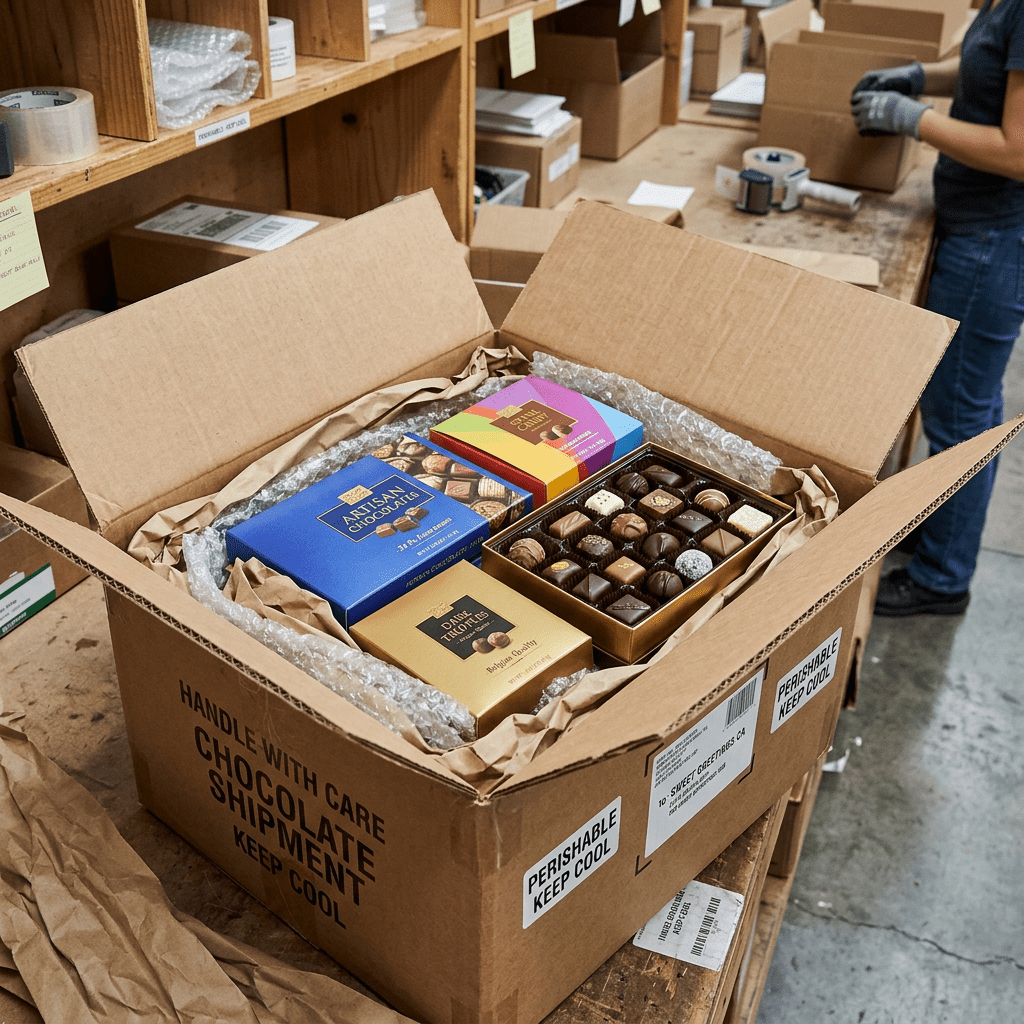 Open cardboard box with assorted chocolates packed inside and handled with care labels