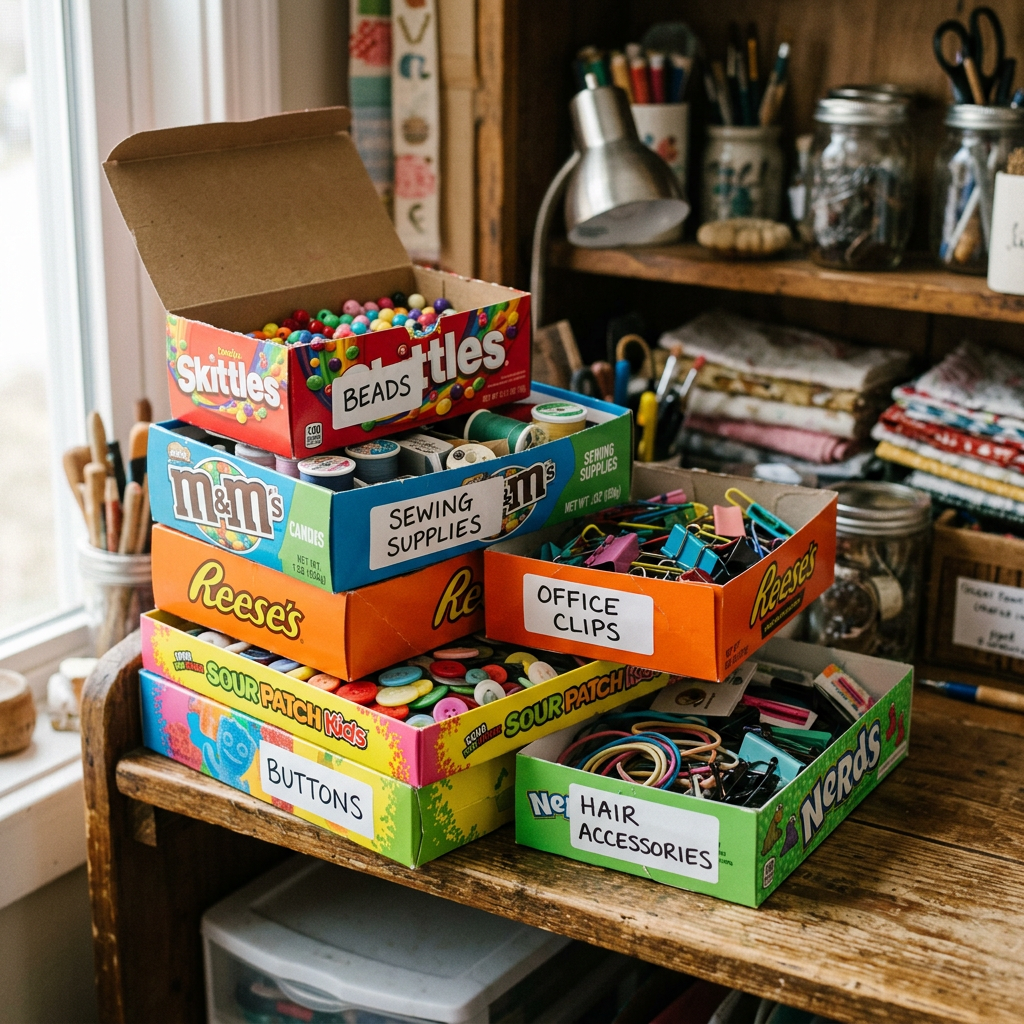 Candy boxes labeled and filled with beads, sewing supplies, office clips, buttons, and hair accessories.