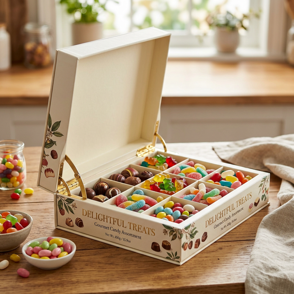 Open Delightful Treats gourmet candy assortment box with chocolates and colorful gummies