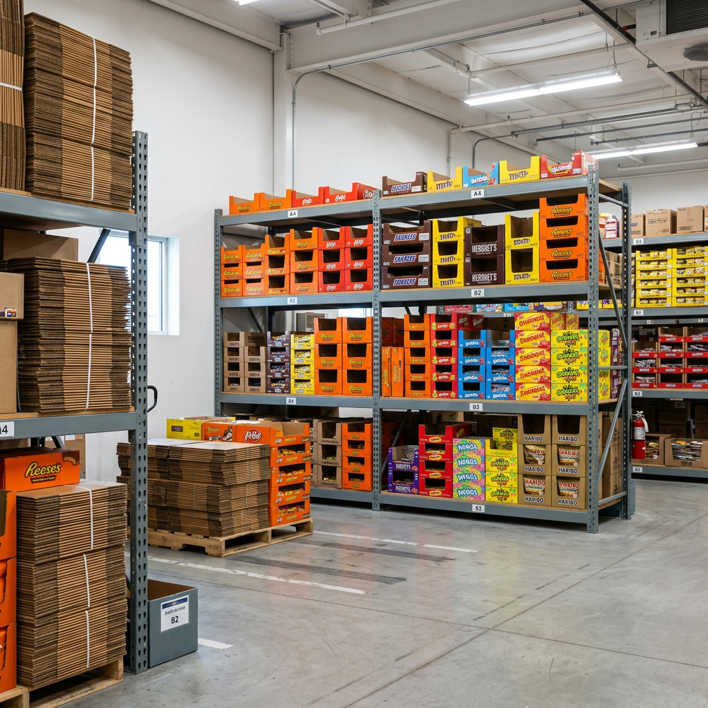 Warehouse shelves stocked with colorful candy boxes and cardboard packaging